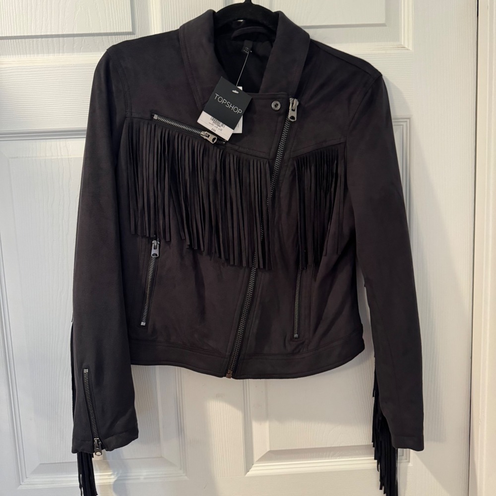 Topshop Moto Jacket Womens 8 Black Faux Suede Fringe Western Boho 11P21IBBK